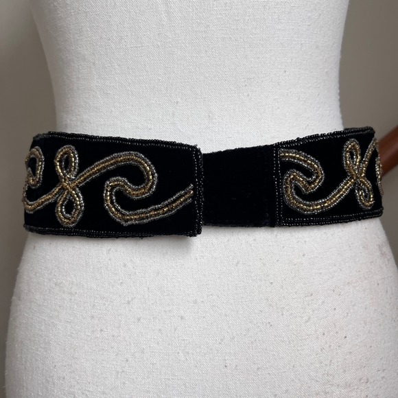 Vintage 90s Beaded Velvet Waist Belt Black Metallic Ornate Statement Chunky Wide main image 8